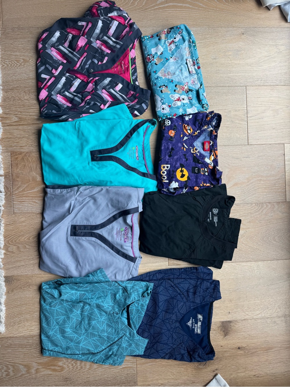 Mixed Scrub Tops Bundle - Teal, Black, Gray, Purple, Aqua, Navy, Pink Accents